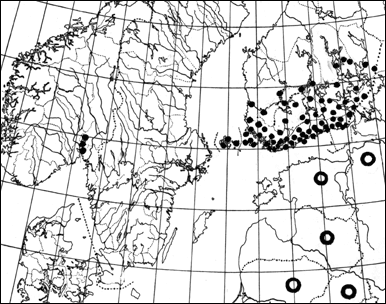 Bild 7. Utbredning hos Thetidia smaragdaria i Finland med Åland samt Baltikum och Norge.